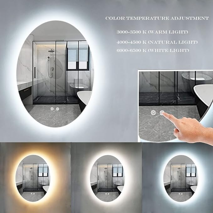 Oval LED Bathroom Mirror 28"x 20" Touch Button,Stepless Dimmable Wall Mirrors with Anti-Fog, Shatter-Proof, Memory, 3 Colors, LED Mirror for Bathroom