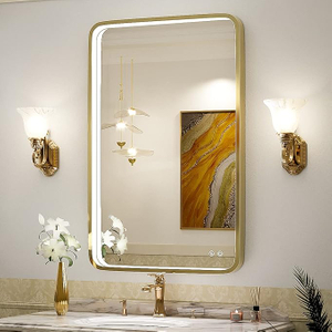 ZHUOTAI LED Bathroom Vanity Mirror with Lights,Wall Mounted Mirrors with Gold Metal Frame Anti-Fog Memory Funtion Stepless Dimmable for Bathroom Decor(Horizontal&Vertical)