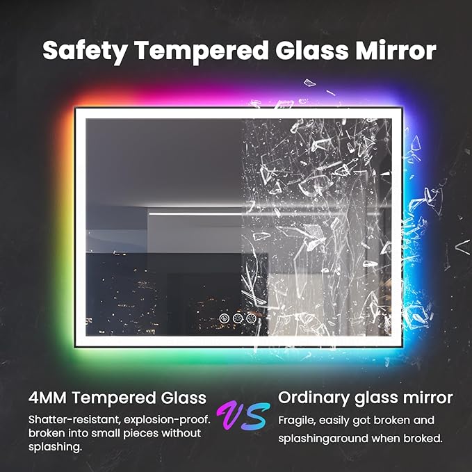 ZHUOTAI Black Framed LED Bathroom Mirror with Lights, Anti-Fog Smart Mirror Bathroom, Dimmable Lighted Bathroom Vanity Mirror, 8 RGB Colors, Horizontal/Vertical (RGB Backlit + Front Light)