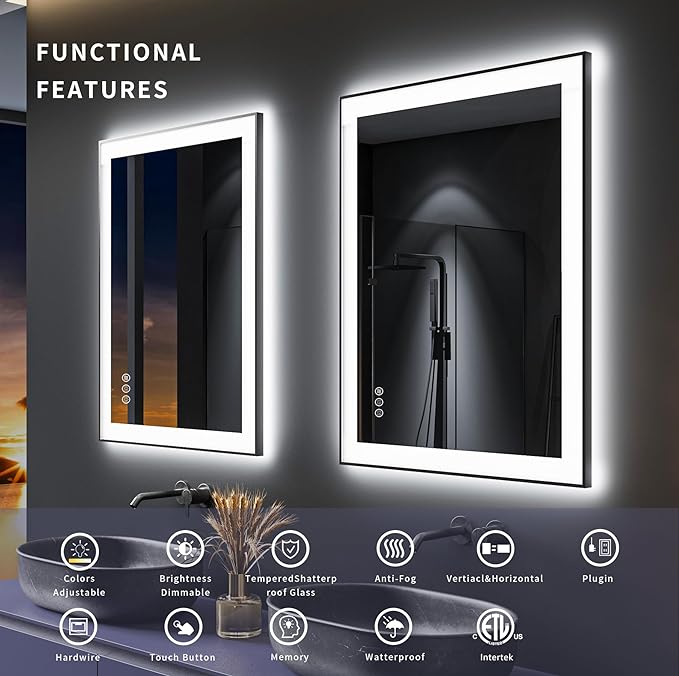 ZHUOTAI Framed LED Mirror for Bathroom, Dimmable LED Vanity Mirror with Lights, Backlit And Front Lighted Mirror for Wall, Anti-Fog (Horizontal/Vertical)