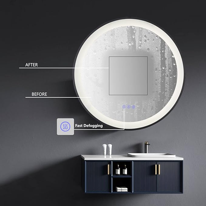ZHUOTAI Led Bathroom Mirror with Lights Round Black Framed Bathroom Vanity Mirror with Lights Large Lighted Mirror with Smart Touch 3 Colors Dimmable Anti-Fog Waterproof Wall Mounted