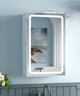 Medicine Cabinet with Mirror, 15.7 X 23.6 Inch Bathroom Wall Cabinet with Lights, LED Bathroom Mirror with Storage, Adjustable Shelf, 3-Color Modes, 2 Outlets & USBs, White BMGZ115W