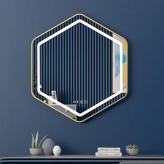 Hexagonal Bathroom Mirror with Lights, LED Illuminated Wall Mounted Vanity Mirror, Bathroom Mirror with Smart Touch Buttons, 3-Colour Dimmable, Smart Demist, Aluminium Alloy Frame