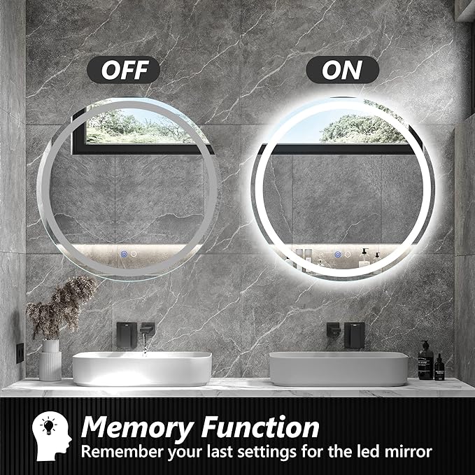 ZHUOTAI Round Led Bathroom Mirror with Light,32 Inch Round Light Mirror with Black Frame,Front Lighted Circle Led Light Mirror,Dimmable,Anti-Fog,IP54 Shatterproof,90+ CRI