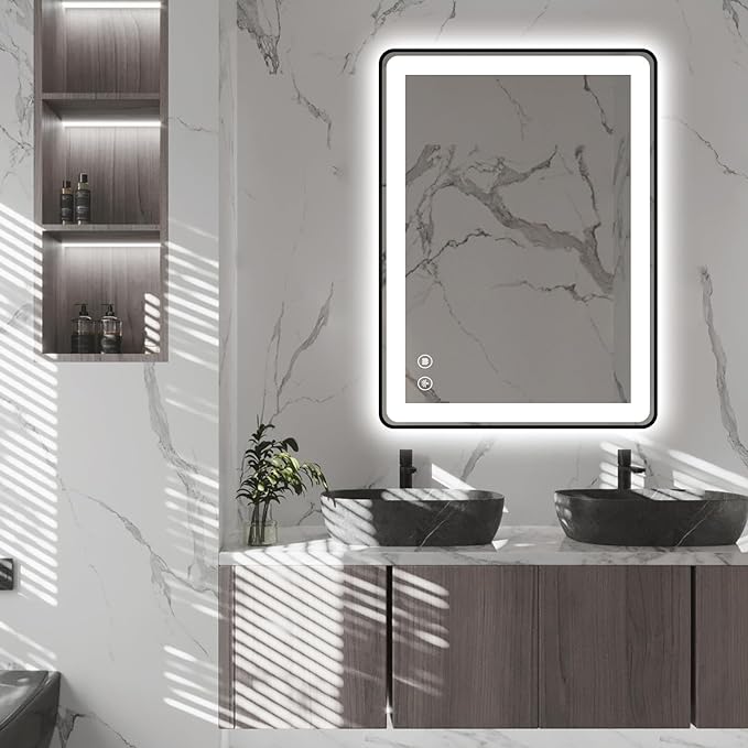 ZHUOTAI LED Bathroom Mirror, Rectangle Wall Mounted Vanity Mirrors with Metal Frame, Anti Fog Dimmable Smart Mirror for Bathroom/Bedroom/Livingroom/Entryway(Horizontal Or Vertical),Black