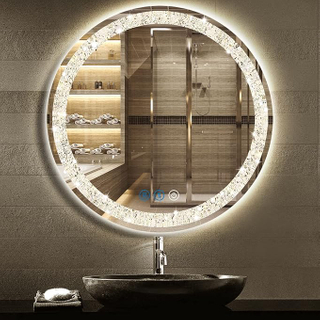Crystal LED Round Mirror with Lights 3 Color Smart Memory Adjustable Brightness Frontlit AntiFog 20 Inch Diamond Crystal Circle Round Lighted Vanity Mirror for Bathroom Makeup Wall Mounted