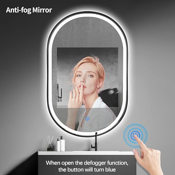 ZHUOTAI Oval LED Bathroom Mirror, Lighted Wall Mounted Vanity Mirror with Metal Frame, Anti-Fog IP66 Waterproof Smart Mirror, Memory Function,3000-6000K(Horizontal Or Vertical), Black
