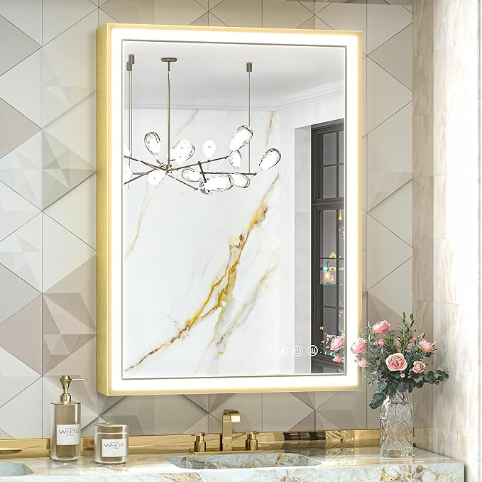 ZHUOTAI LED Gold Bathroom Vanity Mirror with Lights with 45° Angled Beveled Light, 3 Colors, Anti-Fog,Aluminum Alloy Matte Frame, Memory Funtion Stepless Dimmable for Modern Decor