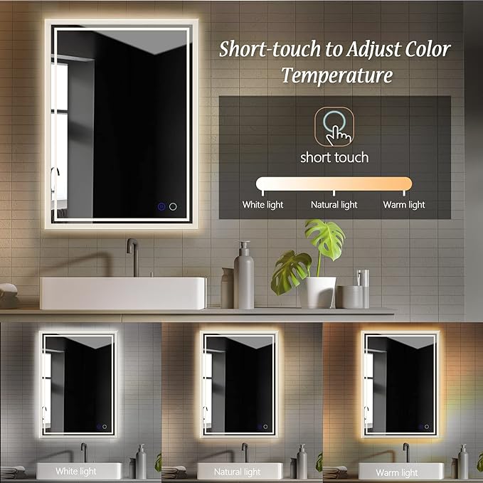 ZHUOTAI Backlit Mirror Bathroom Vanity with Lights,Anti-Fog,Dimmable,CRI90+,Touch Button,Water Proof,Horizontal/Vertical,Lighted Wall Mounted,LED for Bathroom,LED Mirrors