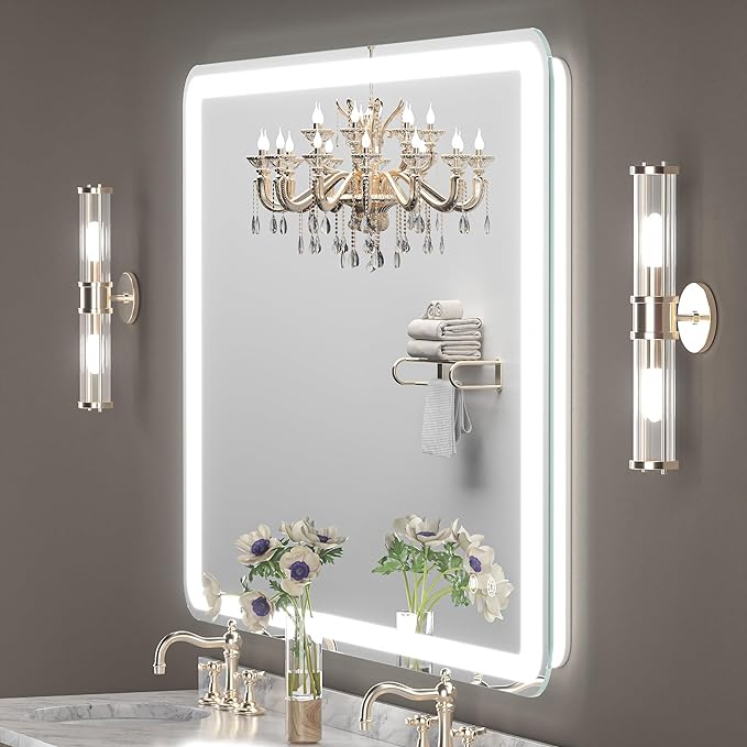 ZHUOTAI LED Bathroom Mirror Rounded Corner Rectangle Frameless, 3 Colors Lighted & Stepless Dimmable Vanity-Mirror-with-Lights, Anti-Fog, Horizontal/Vertical Hanging Wall Mirror