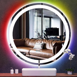 Round LED Bathroom Mirror With Front Light 3 Colors + Rainbow RGB Color Changing Backlit Round Lighted Mirror for Wall Anti Fog 30" Smart Circle Mood Light Up Mirror