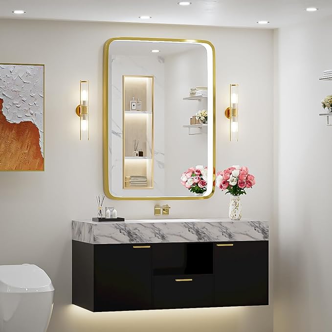 ZHUOTAI LED Bathroom Vanity Mirror with Lights,Wall Mounted Mirrors with Gold Metal Frame Anti-Fog Memory Funtion Stepless Dimmable for Bathroom Decor(Horizontal&Vertical)