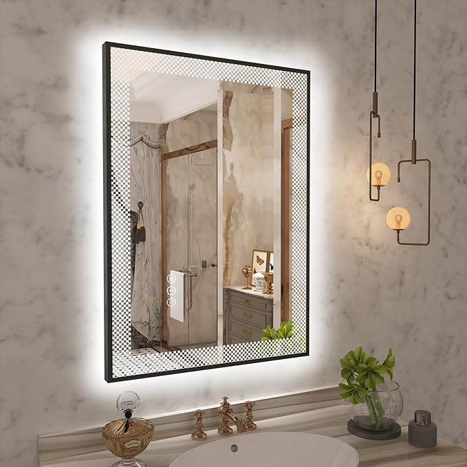 ZHUOTAI Black Framed LED Bathroom Mirror with Frontlit And Backlit, Lighted Vanity Mirror for Wall, Double Lighting 3 Colors Dimmable, Anti-Fog, Tempered Glass Shatter-Proof (Horizontal/Vertical)