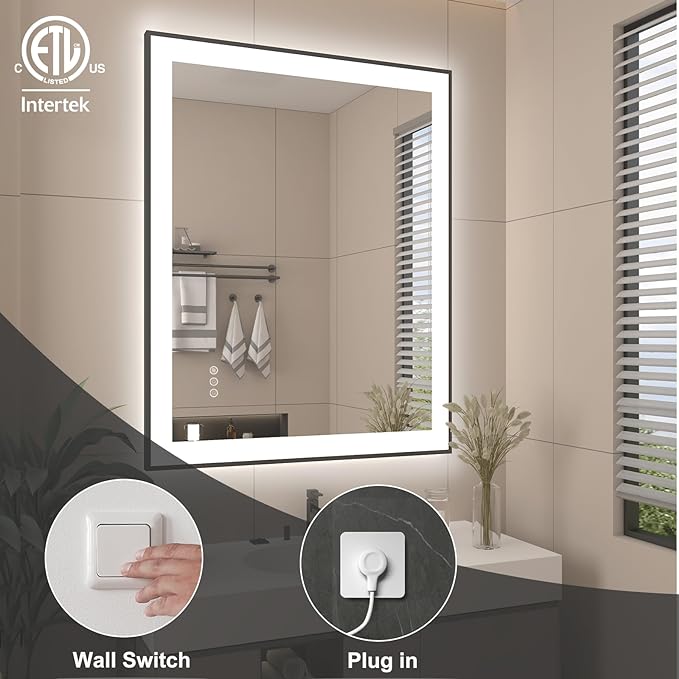 ZHUOTAI Lighted Mirrors with Black Frame for Bathroom Wall, Smart Led Vanity Mirrors, Front and Backlit, Dimmable, Anti-Fog, Memory, Shatterproof, ETL Listed (Horizontal/Vertical)