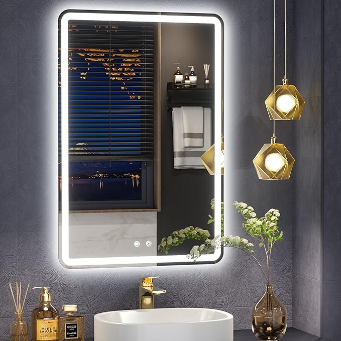 ZHUOTAI LED Bathroom Mirror Rounded Corner Rectangle Frameless, 3 Colors Lighted & Stepless Dimmable Vanity-Mirror-with-Lights, Anti-Fog, Horizontal/Vertical Hanging Wall Mirror