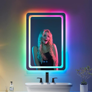  ROUND CORNERS LED Bathroom Mirror with Lights, RGB Lighted Vanity Mirrors for Bathroom Wall, Backlit And Front Light, Dimmable Touch Screen Mirror Tempered Glass, 16 X 24 Inch