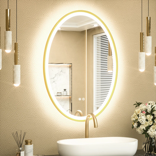 Gold Frame LED Bathroom Mirror, Backlit and Frontlit,Touch Button,Stepless Dimmable Wall Mirrors with Anti-Fog, Shatter-Proof, Memory, 3 Colors, LED Mirror for Bathroom