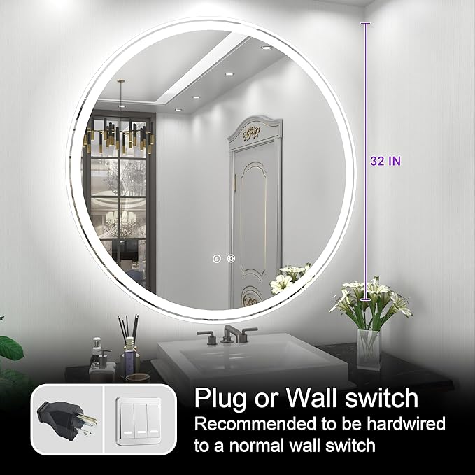 ZHUOTAI LED Lighted Bathroom Mirror, Round Bathroom Mirror 3 Colors Light Dimmable Wall Mounted Bathroom Mirror with Lights Smart Anti-Fog with Touch Switch