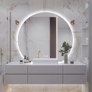 Half Moon Round LED Bathroom Mirror for Wall, 36" Irregular LED Mirror with Anti-Fog, 3-Color Adjustal, Dimmable, Semi Circle Frameless Makeup Mirror for Bathroom, Explosion-Proof