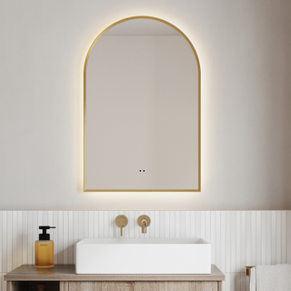 Arched Lighted Bathroom Mirror, Backlit Vanity Bathroom Mirror with Brushed Gold Frame, Round Corners Arch LED Mirror