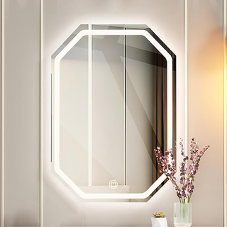 Frontlit and Backlit Octagon Bathroom Mirror, LED Illuminated Wall Mounted Vanity Mirror, Bathroom Mirror with Smart Touch Buttons, 3-Colour Dimmable, Smart Demist