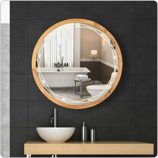 ZHUOTAI 700X700 MM LED Wood Frame Round Bathroom Mirror with Light,Wall Mounted Lighted Vanity Mirror, Anti-Fog & Dimmable Touch Switch, Waterproof IP54,90+ CRI
