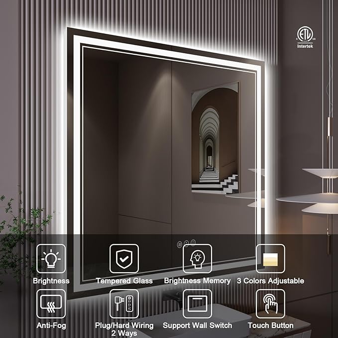 ZHUOTAI LED Bathroom Mirror with Lights, Backlit and Front Lighted Bathroom Mirrors for Wall, Anti-Fog Dimmable Memory Shatterproof LED Vanity Mirror for Bathroom