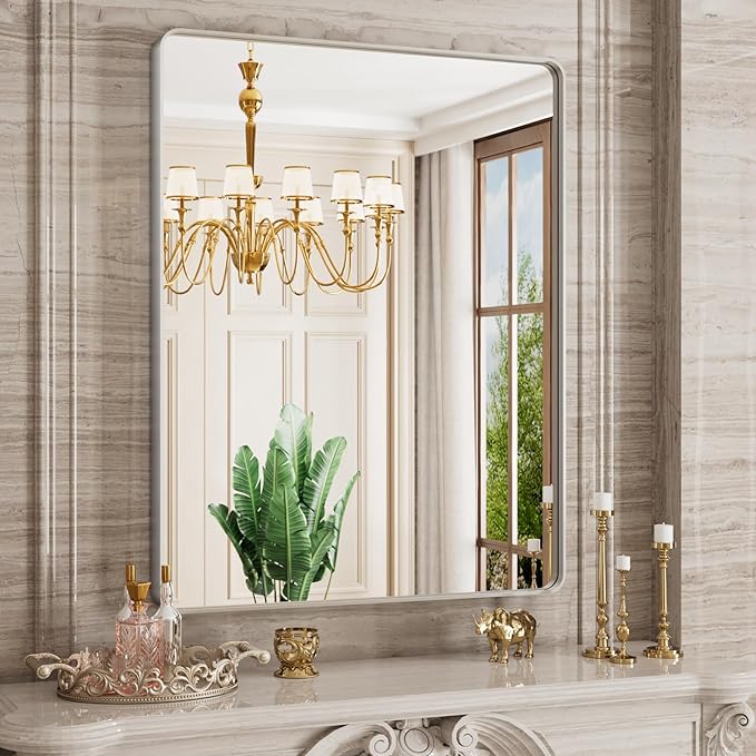 ZHUOTAI Wall Mounted Vanity Mirror for Bathroom, Rectangular Metal Framed Farmhouse Mirror, Rounded Corner, Explosion Proof Film (Horizontal/Vertical)