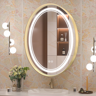 Oval LED Bathroom Mirror with Gold Frame, Backlit and Frontlit,Touch Button,Stepless Dimmable Wall Mirrors with Anti-Fog, Shatter-Proof, Memory, 3 Colors, LED Mirror for Bathroom