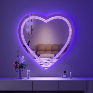 24"x24" Heart Shaped Mirror Crushed Diamond, RGBWY LED Heart Vanity Mirror with Lights, 3 Lighting Modes And 7 Static Colors, Wall Mounted LED Bathroom Mirror, Dimmable, Memory Function