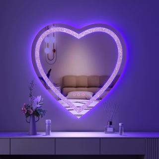 24"x24" Heart Shaped Mirror Crushed Diamond, RGBWY LED Heart Vanity Mirror with Lights, 3 Lighting Modes And 7 Static Colors, Wall Mounted LED Bathroom Mirror, Dimmable, Memory Function