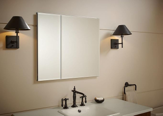 Beveled Medicine Cabinet with Mirror Doors & Adjustable Shelves, Rectangular Beveled Edge Frame, 30" X 26"
