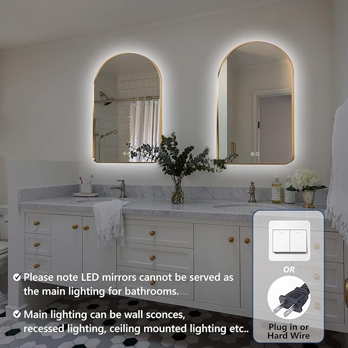 ZHUOTAI Arched LED Lighted Bathroom Mirror, Backlit Vanity Bathroom Mirror with Lights Brushed Gold Framed Wall Mounted Mirrors with 3 Color Shatterproof Arch Smart Fog Free Mirror