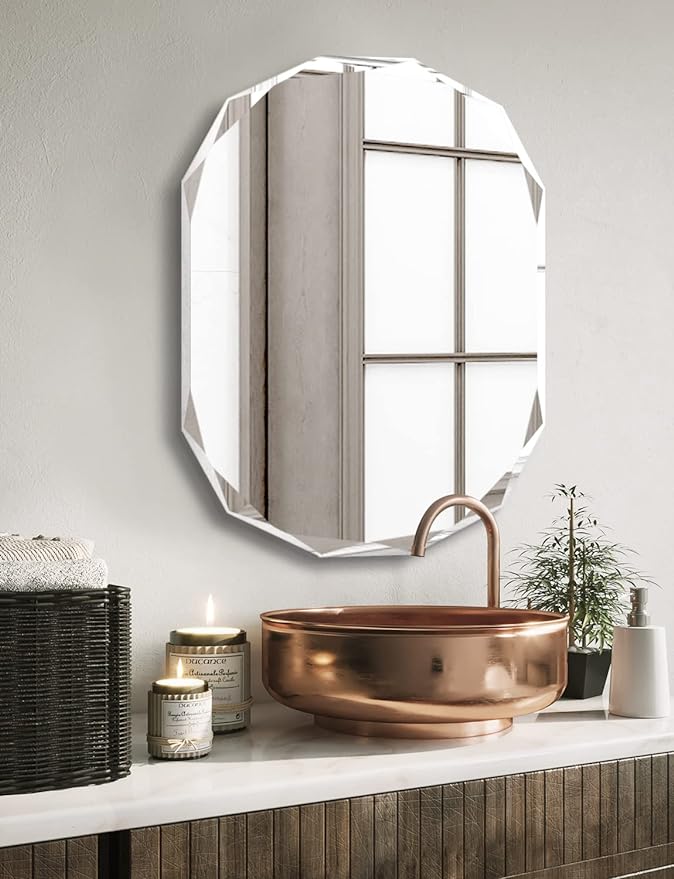 ZHUOTAI Frameless Scalloped Wall Mirror for Bathroom - Rectangle Beveled Edge Frameless Rectangle Bathroom Mirror for Wall