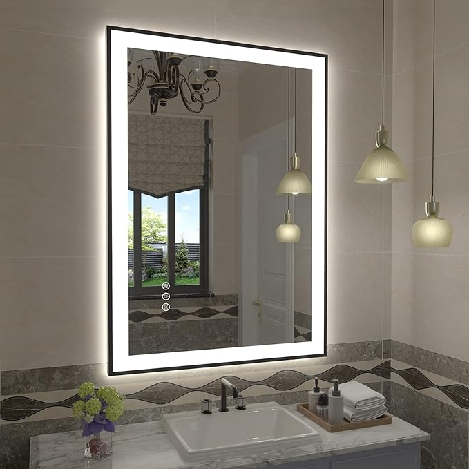 ZHUOTAI Lighted Mirrors with Black Frame for Bathroom Wall, Smart Led Vanity Mirrors, Front and Backlit, Dimmable, Anti-Fog, Memory, Shatterproof, ETL Listed (Horizontal/Vertical)