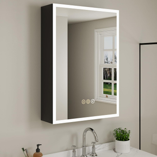 Medicine Cabinet with LED Lights and Mirror, 20 x 28 Inch Recessed/Wall Mounted Bathroom Cabinet, 3-Color Light, Defogger, Memory Function, Outlet & USB, Dimmer, Black