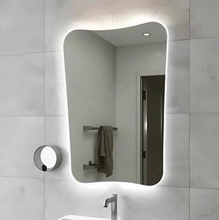 Backlit Bathroom Mirror with LED - Irregular Modern LED Custom Size Mirror - Asymmetrical Modern Hanging Led Wall Mirror Aesthetic Pebble