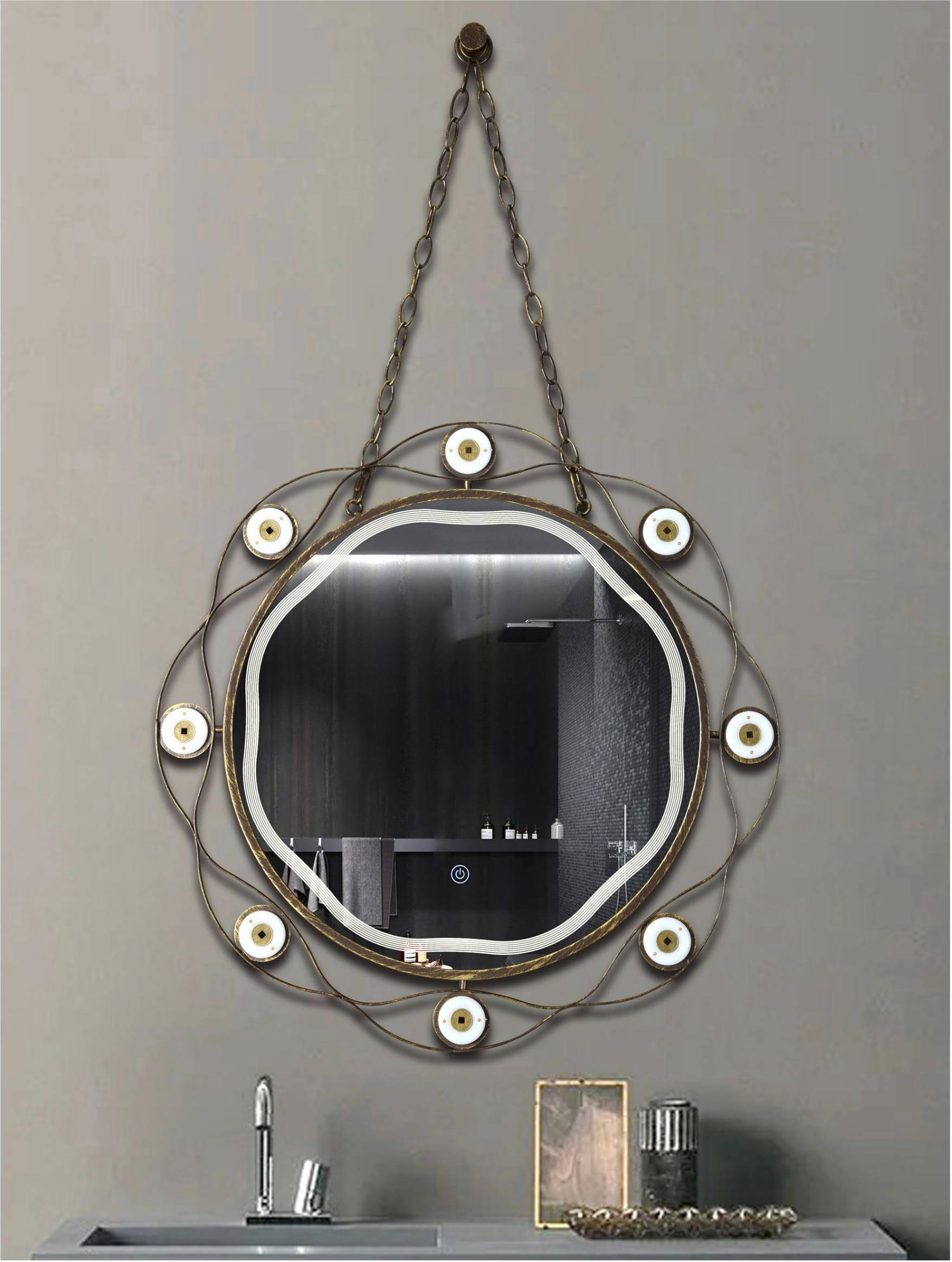 Zhuotai LED Bathroom Mirror with Gold Metal Frame And Crystal Decoration