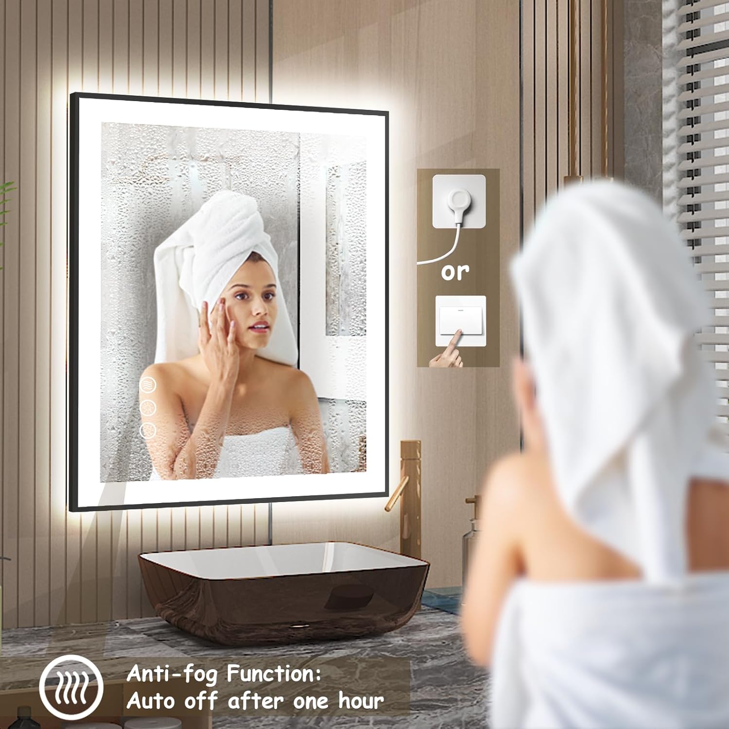 Zhuotai LED Lighted Bathroom Mirrors, Acrylic Frame Wall Mounted White Light Dimmable Anti-Fog Memory Button Waterproof CRI>90 5MM Copper Free Mirrors, Vertical & Horizontal