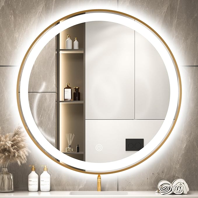 ZHUOTAI LED Round Mirror, Wall Mounted Bathroom Vanity Mirror with Metal Frame, Smart Anti-Fog Mirror Dimmable Circle Makeup Mirror, IP66 Waterproof CRI 95+ 3000-6500K CT, Gold