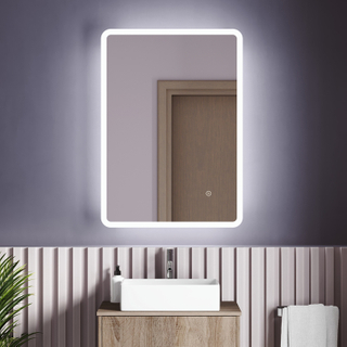 Halo Bathroom Mirror, Round Corner Rectangular LED Mirror, Anti-Fog, Dimmable, Backlit + Front Lit, Lighted Vanity Mirror, Memory Function, Tempered Glass