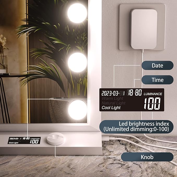 ZHUOTAI Vanity Mirror with Lights, Hollywood Mirror, Makeup Mirror with 18 Dimmable Bulbs and 10X Magnification, 3 Colors Modes, Touch Control, USB Charging Port, Type-C, White