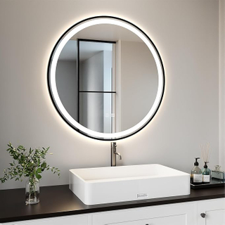 32" Black Round Bathroom Mirror, Aluminum Framed Bathroom Vanity Mirror for Wall, Front And Backlit,Anti-Fog,3 Colors And Dimmable Light(Horizontal/Vertical)